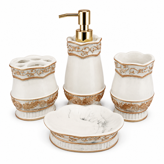 4-Piece White & Gold Ornate Bathroom Accessories Set – Elegant Bath Set