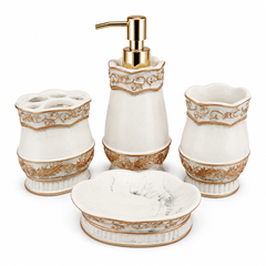 4-Piece White & Gold Ornate Bathroom Accessories Set – Elegant Bath Set