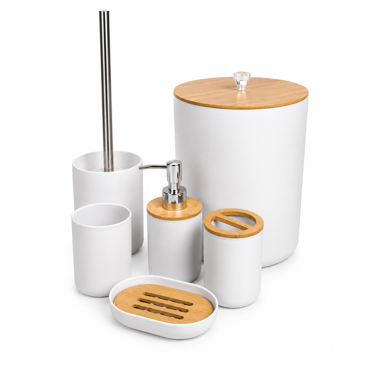 6-Piece White Round Bathroom Accessories Set with Bamboo Accents