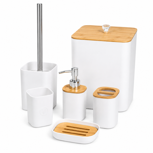 6-Piece White Bathroom Accessories Set with Bamboo Accents