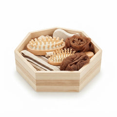 Oak Wooden Spa Basket with Bath Accessories | Hexagonal Bathroom Organizer & Spa Gift Set