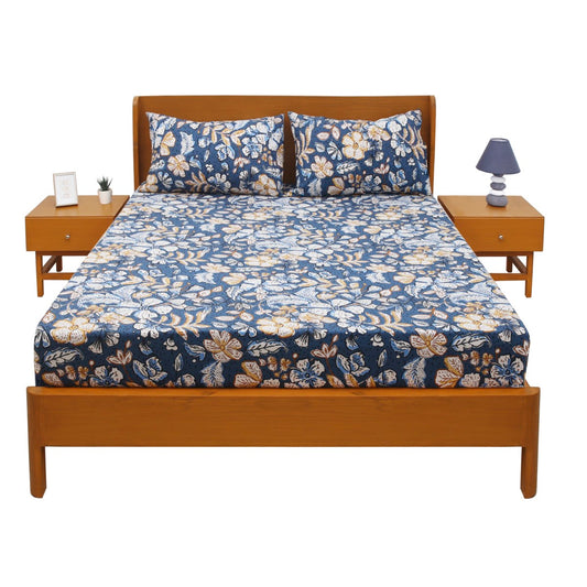 Navy Florals Double Bed Sheet 96x102" – Elegant Rotary Print