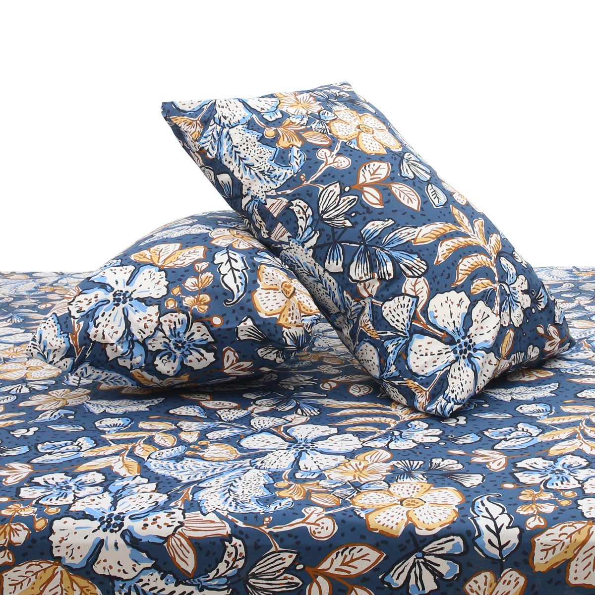 Navy Florals Double Bed Sheet 96x102" – Elegant Rotary Print
