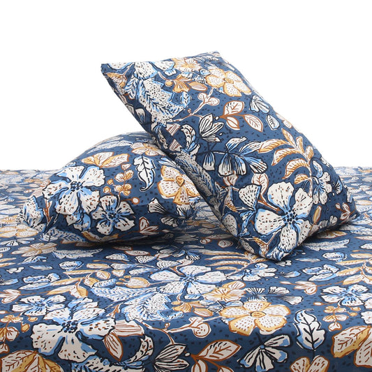 Navy Florals Double Bed Sheet 96x102" – Elegant Rotary Print