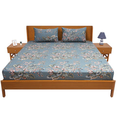 Premium Cotton Floral Jaal Double Bed Sheet (90x100) with 2 Pillow Covers – Teal Blue Tropical Print