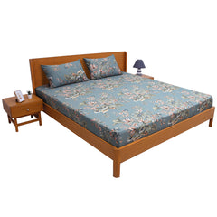 Premium Cotton Floral Jaal Double Bed Sheet (90x100) with 2 Pillow Covers – Teal Blue Tropical Print