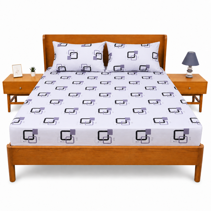 Grey & Black Geometric Double Bed Sheet 90x100" | Modern Printed Bedsheet for Bedroom Decor