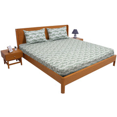 Elegant White Floral Double Bed Sheet (90x100) with 2 Pillow Covers – Soft Sage Green Cotton Print