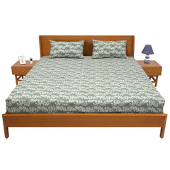 Elegant White Floral Double Bed Sheet (90x100) with 2 Pillow Covers – Soft Sage Green Cotton Print