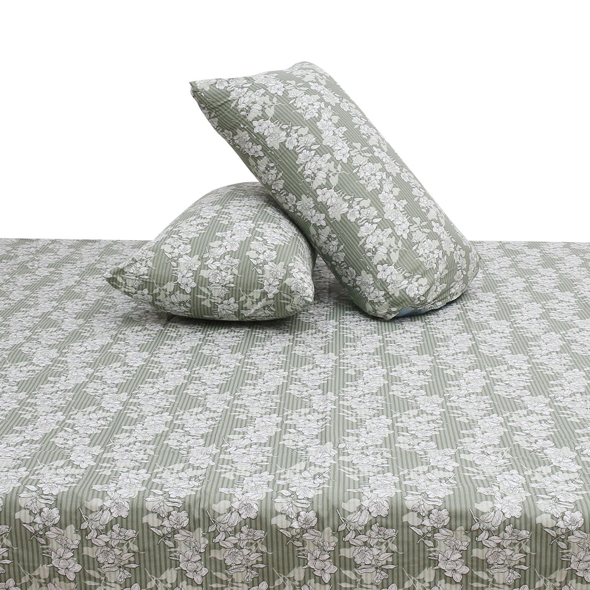 Elegant White Floral Double Bed Sheet (90x100) with 2 Pillow Covers – Soft Sage Green Cotton Print