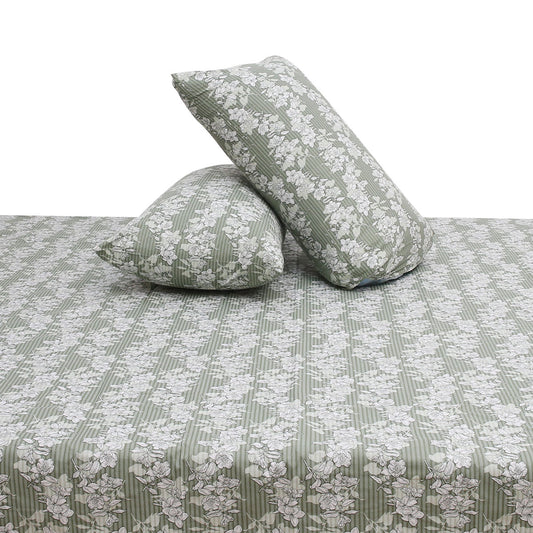 Elegant White Floral Double Bed Sheet (90x100) with 2 Pillow Covers – Soft Sage Green Cotton Print