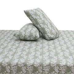 Elegant White Floral Double Bed Sheet (90x100) with 2 Pillow Covers – Soft Sage Green Cotton Print
