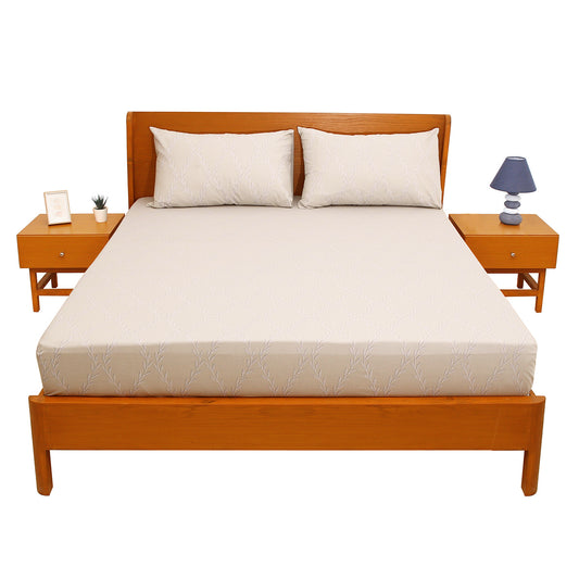 Beige Leaf Vines Double Bed Sheet 90x100 – Soft Cotton with 2 Pillow Covers