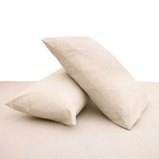 Beige Leaf Vines Double Bed Sheet 90x100 – Soft Cotton with 2 Pillow Covers