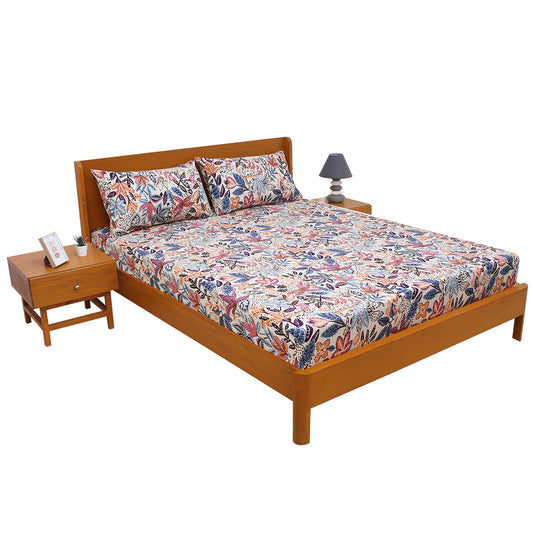 Vibrant Multicolor Floral Double Bed Sheet (90x100) with 2 Pillow Covers – Premium Cotton Leaf & Flower Print