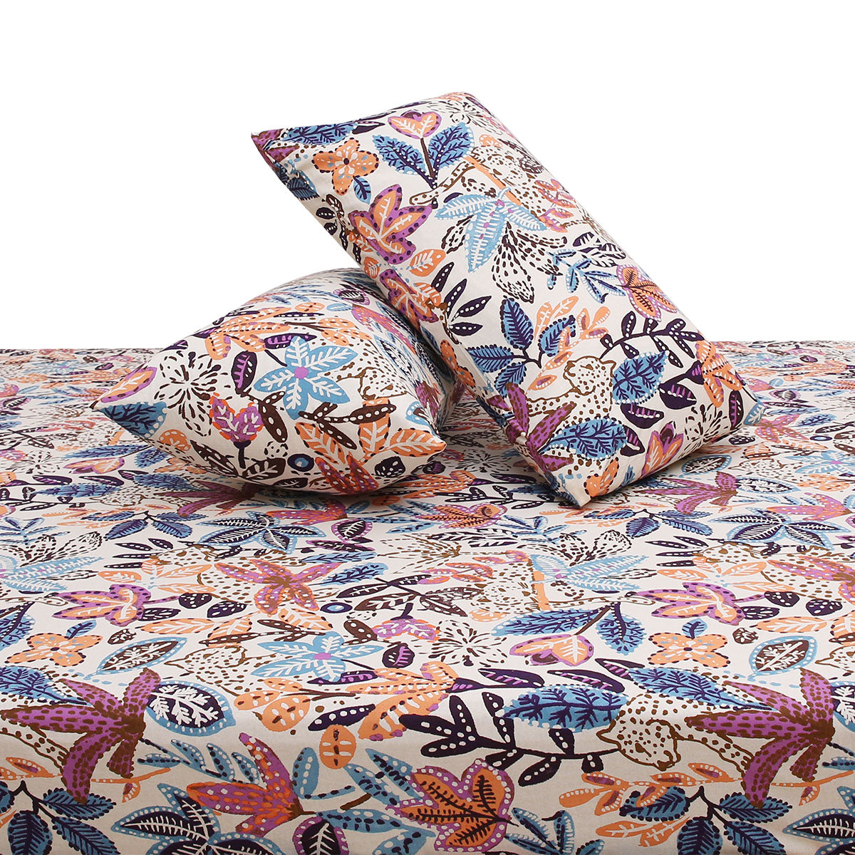 Vibrant Multicolor Floral Double Bed Sheet (90x100) with 2 Pillow Covers – Premium Cotton Leaf & Flower Print