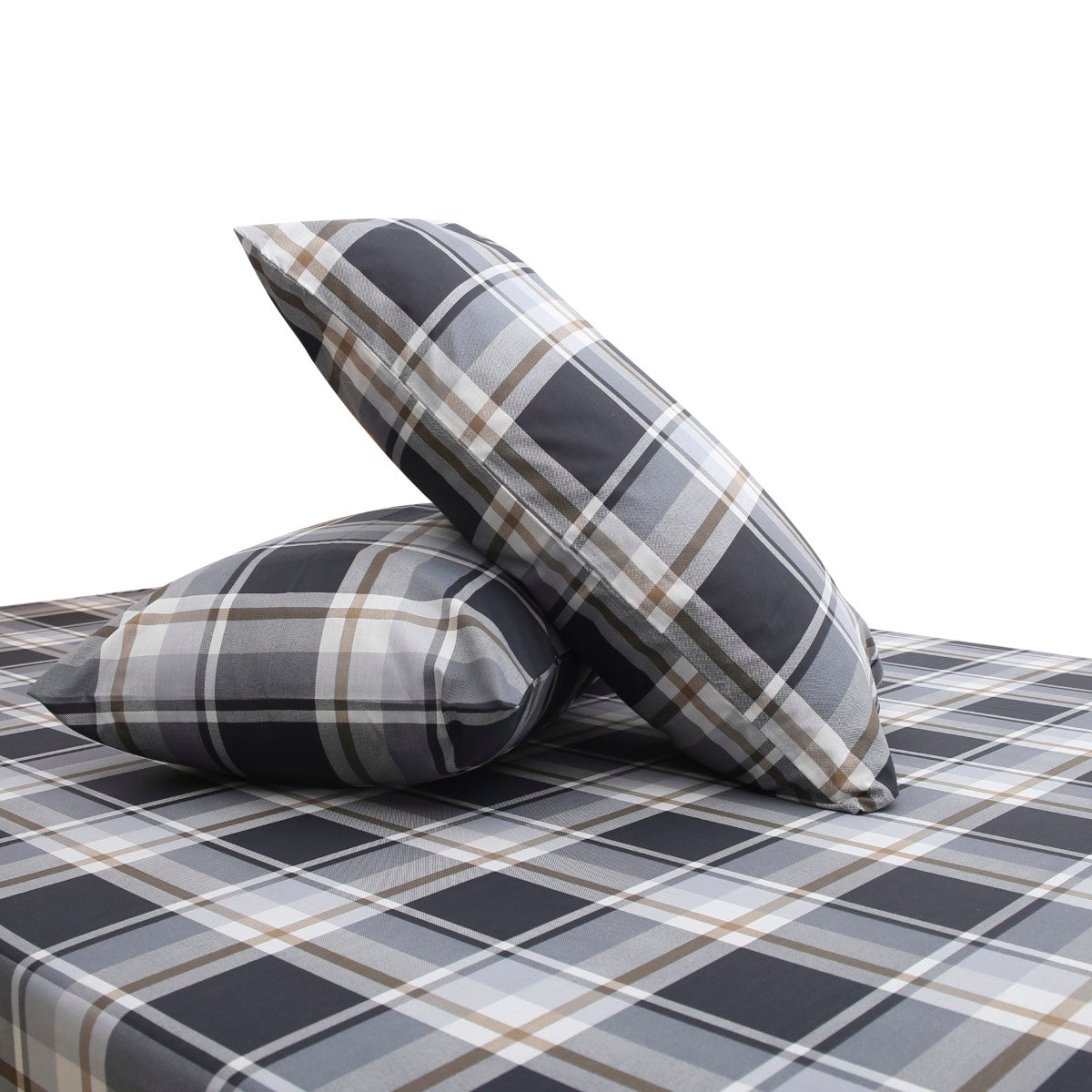 Grey & Brown Check Double Bed Sheet – 90x100 Inches with 2 Pillow Covers