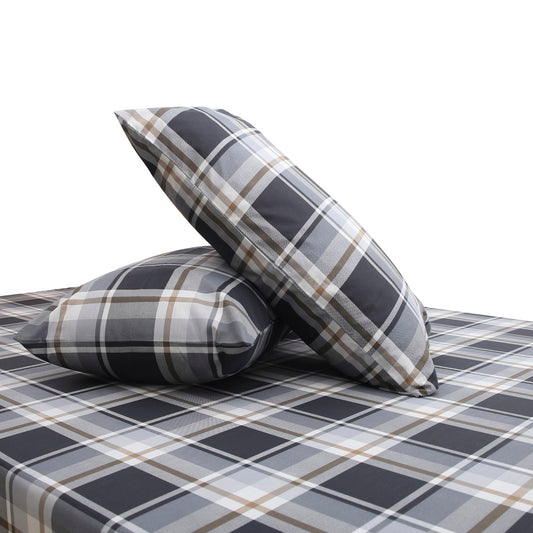 Grey & Brown Check Double Bed Sheet – 90x100 Inches with 2 Pillow Covers