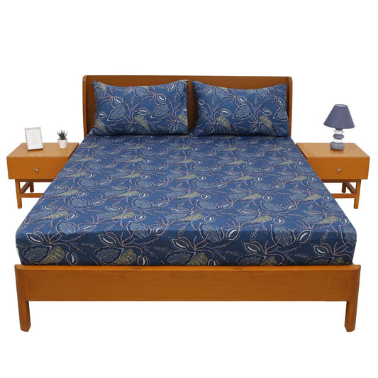 Leafy Blue Double Bed Sheet – 96x102"