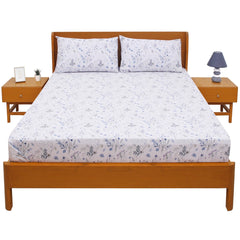 Blue Floral Double Bed Sheet with Pillow Covers – 96x102 Inches