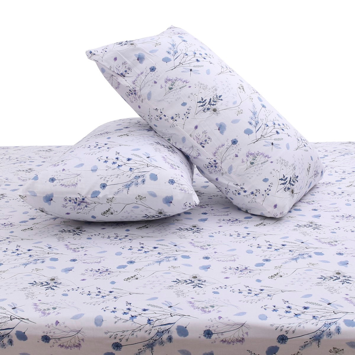 Blue Floral Double Bed Sheet with Pillow Covers – 96x102 Inches