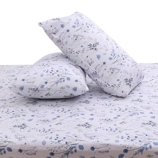 Blue Floral Double Bed Sheet with Pillow Covers – 96x102 Inches