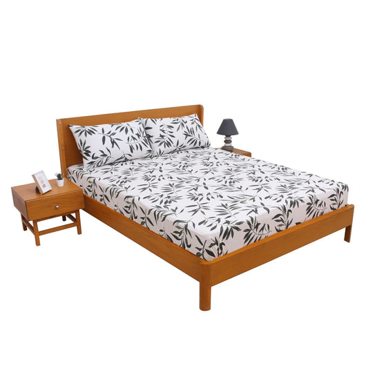 White Leaf Double Bed Sheet with Pillow Covers – 96x102 Inches