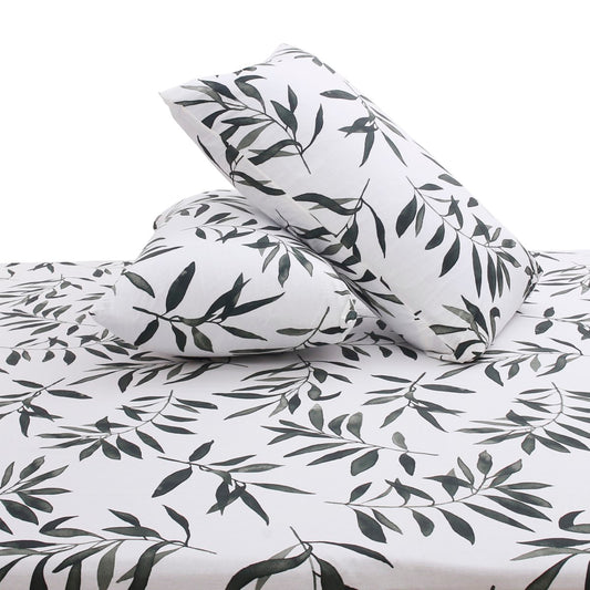 White Leaf Double Bed Sheet with Pillow Covers – 96x102 Inches