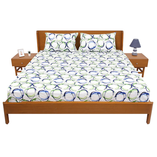 Blue & Green Circle Printed Double Bed Sheet with Pillow Covers (90x100") – Design E