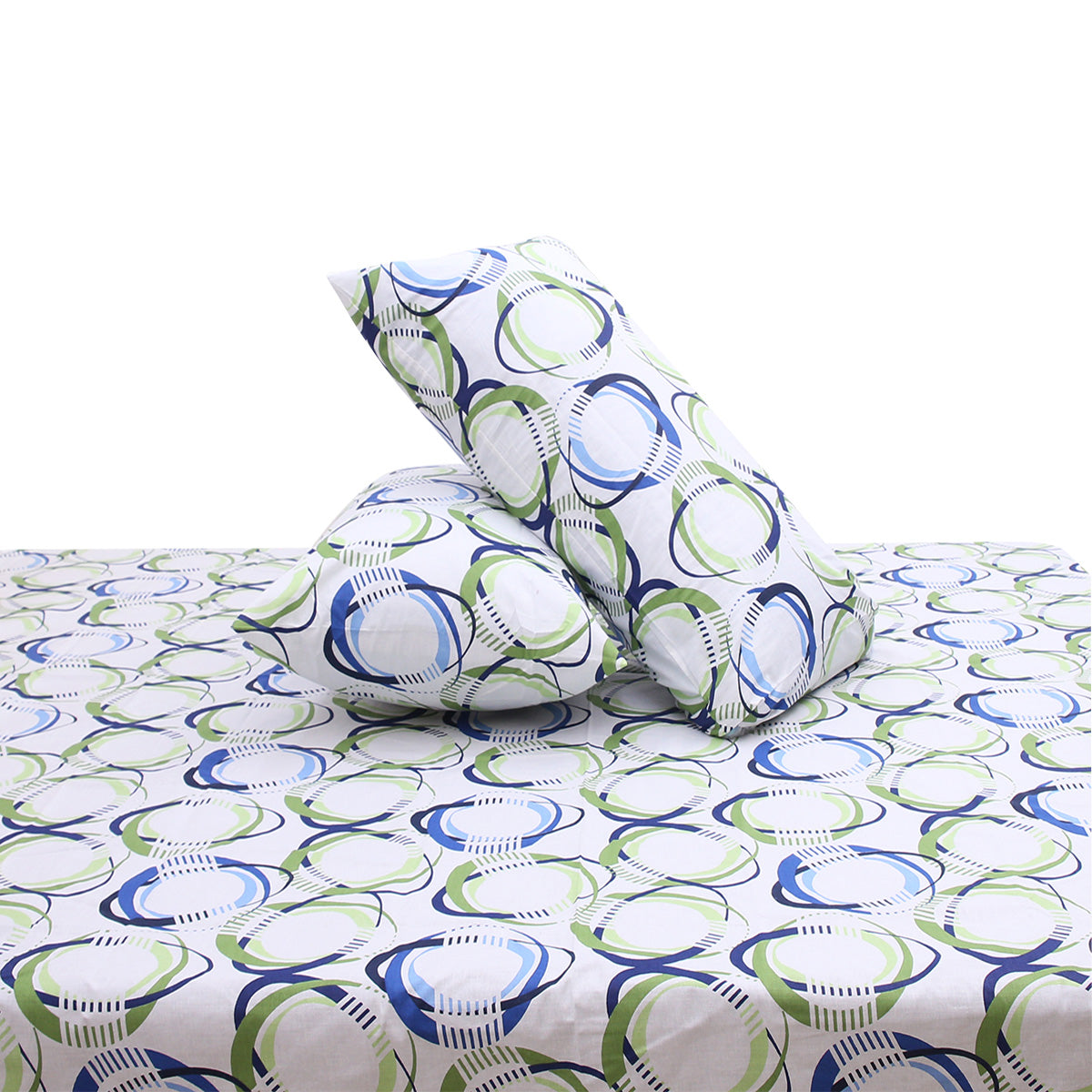Blue & Green Circle Printed Double Bed Sheet with Pillow Covers (90x100") – Design E