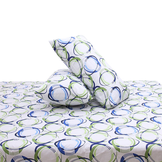 Blue & Green Circle Printed Double Bed Sheet with Pillow Covers (90x100") – Design E