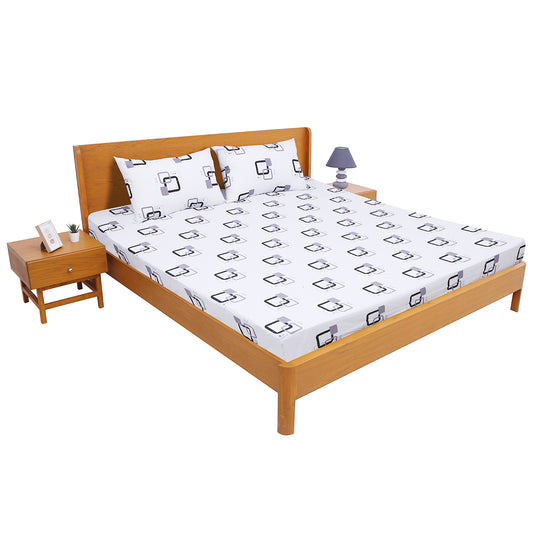 Grey & Black Square Printed Double Bed Sheet with Pillow Covers (90x100") – Design E