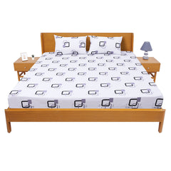 Grey & Black Square Printed Double Bed Sheet with Pillow Covers (90x100") – Design E
