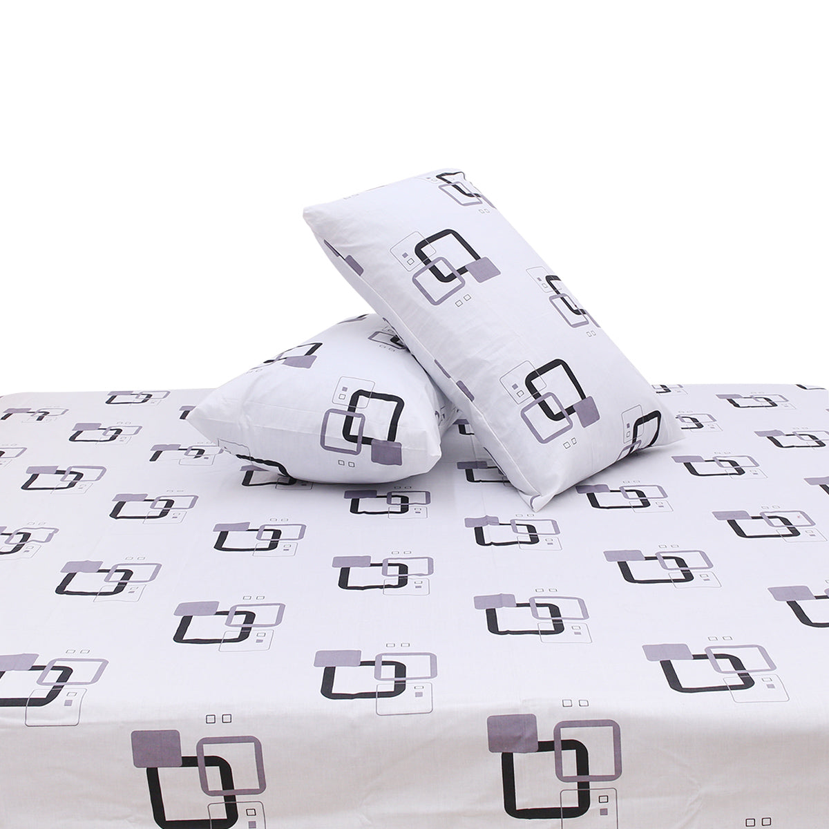 Grey & Black Square Printed Double Bed Sheet with Pillow Covers (90x100") – Design E