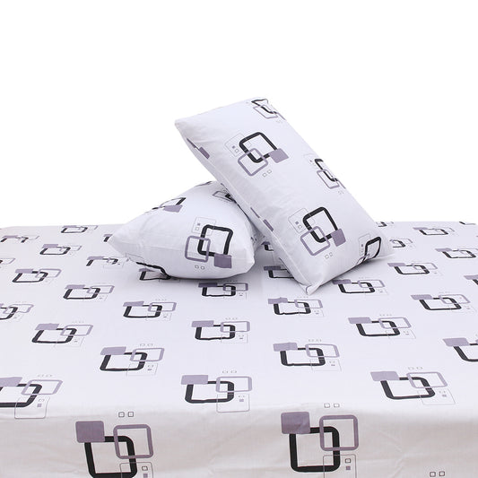 Grey & Black Square Printed Double Bed Sheet with Pillow Covers (90x100") – Design E