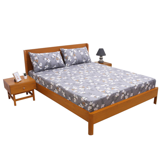 Grey with White Floral Printed Double Bed Sheet with Pillow Covers (90x100") – Design E