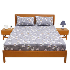 Grey with White Floral Printed Double Bed Sheet with Pillow Covers (90x100") – Design E