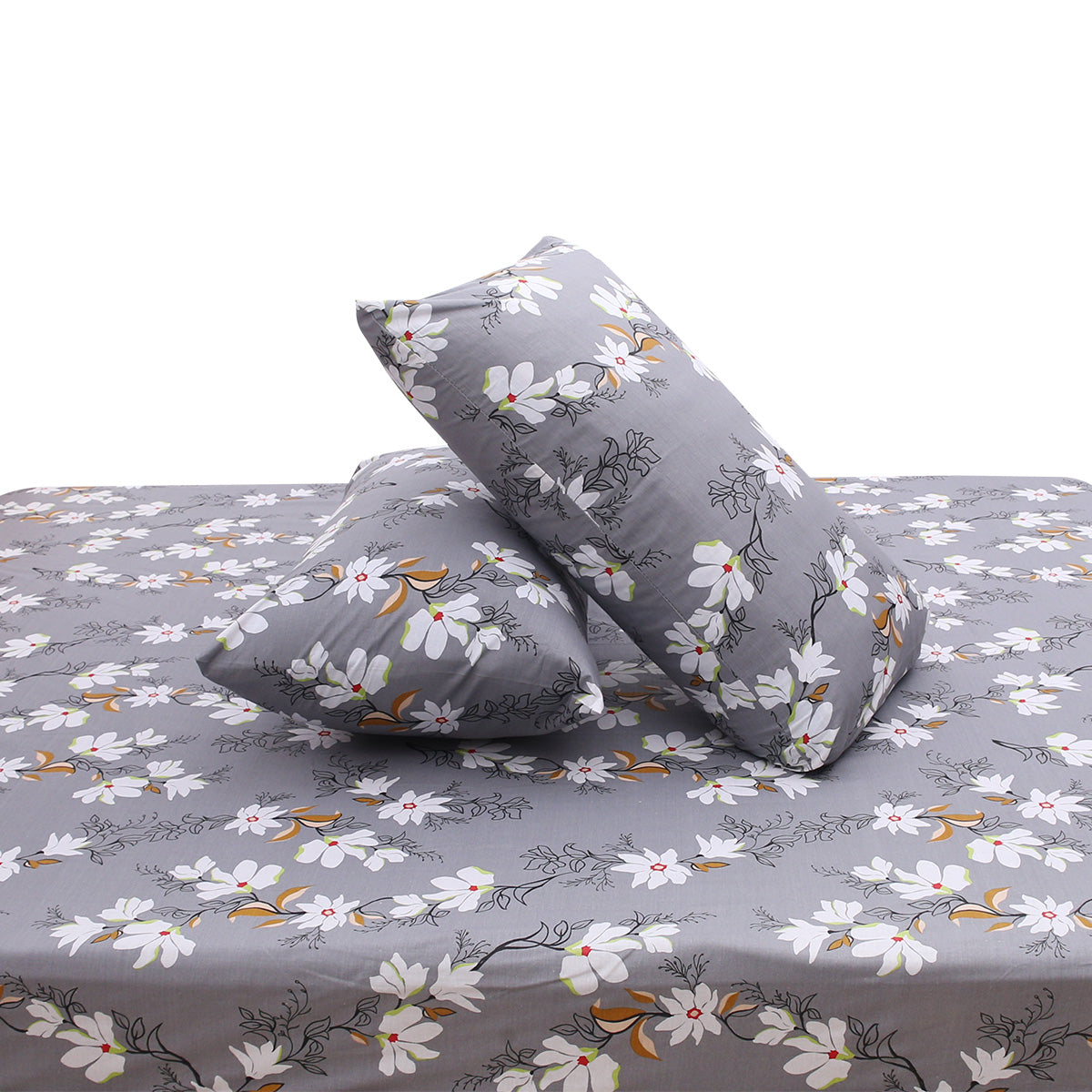 Grey with White Floral Printed Double Bed Sheet with Pillow Covers (90x100") – Design E