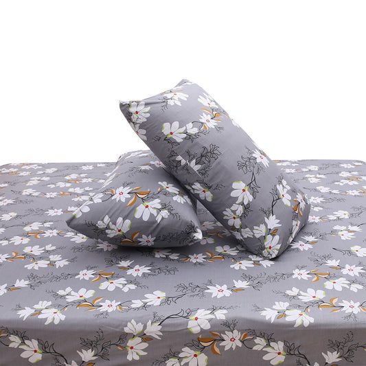 Grey with White Floral Printed Double Bed Sheet with Pillow Covers (90x100") – Design E