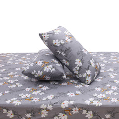 Grey with White Floral Printed Double Bed Sheet with Pillow Covers (90x100") – Design E
