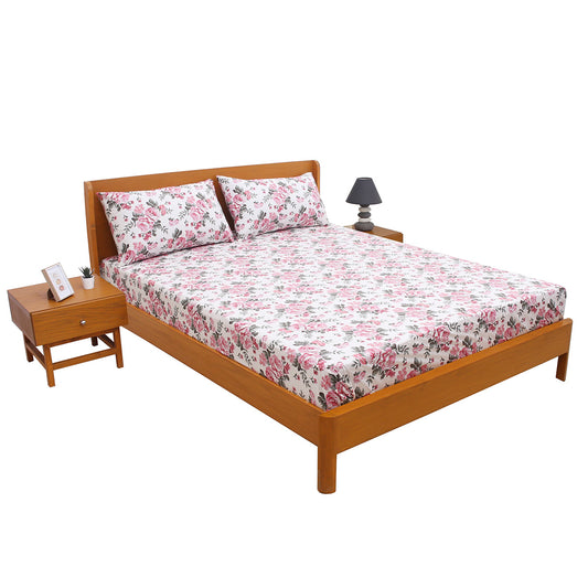 Pink Floral Printed Double Bed Sheet with Pillow Covers (90x100") – Design E