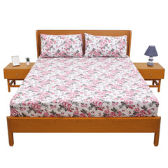 Pink Floral Printed Double Bed Sheet with Pillow Covers (90x100") – Design E