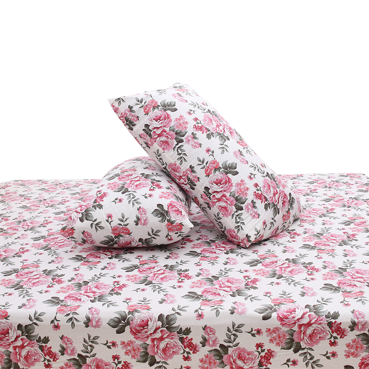Pink Floral Printed Double Bed Sheet with Pillow Covers (90x100") – Design E