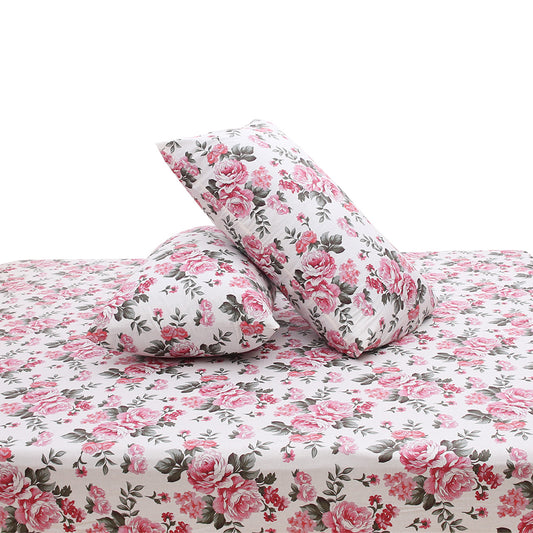 Pink Floral Printed Double Bed Sheet with Pillow Covers (90x100") – Design E