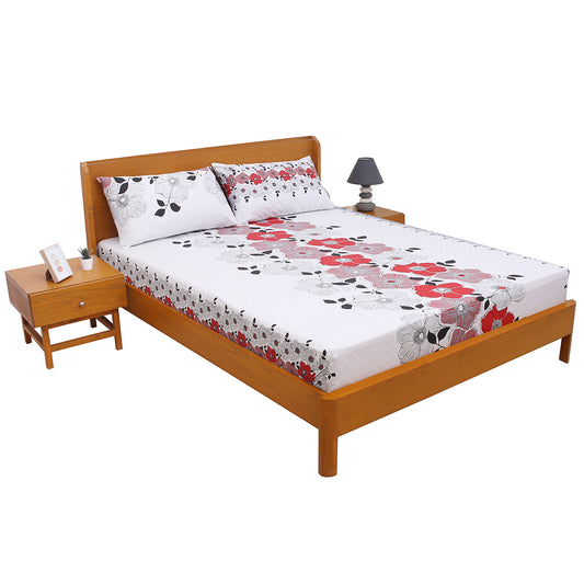 Red & White Floral Printed Double Bed Sheet with Pillow Covers (90x100") – Design E