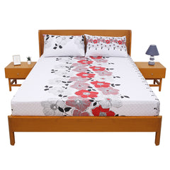 Red & White Floral Printed Double Bed Sheet with Pillow Covers (90x100") – Design E