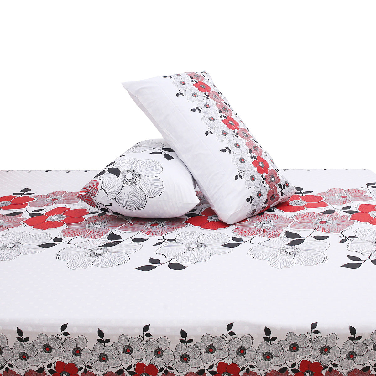 Red & White Floral Printed Double Bed Sheet with Pillow Covers (90x100") – Design E