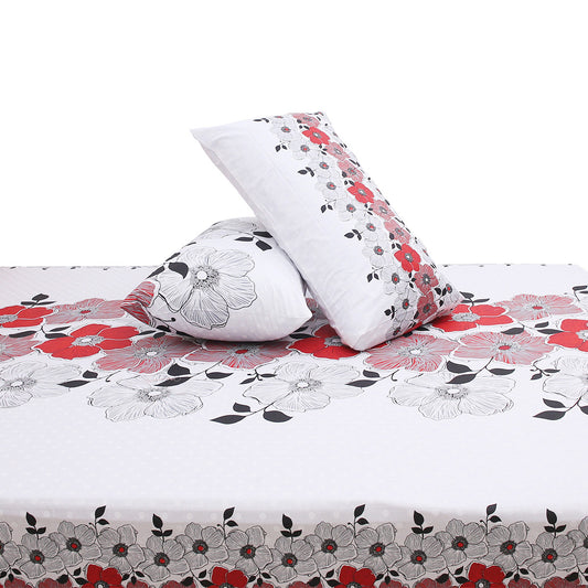 Red & White Floral Printed Double Bed Sheet with Pillow Covers (90x100") – Design E