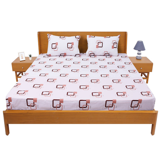 Brown & Beige Square Printed Double Bed Sheet with Pillow Covers (90x100") – Design E