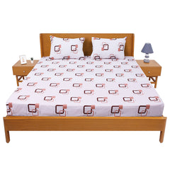 Brown & Beige Square Printed Double Bed Sheet with Pillow Covers (90x100") – Design E